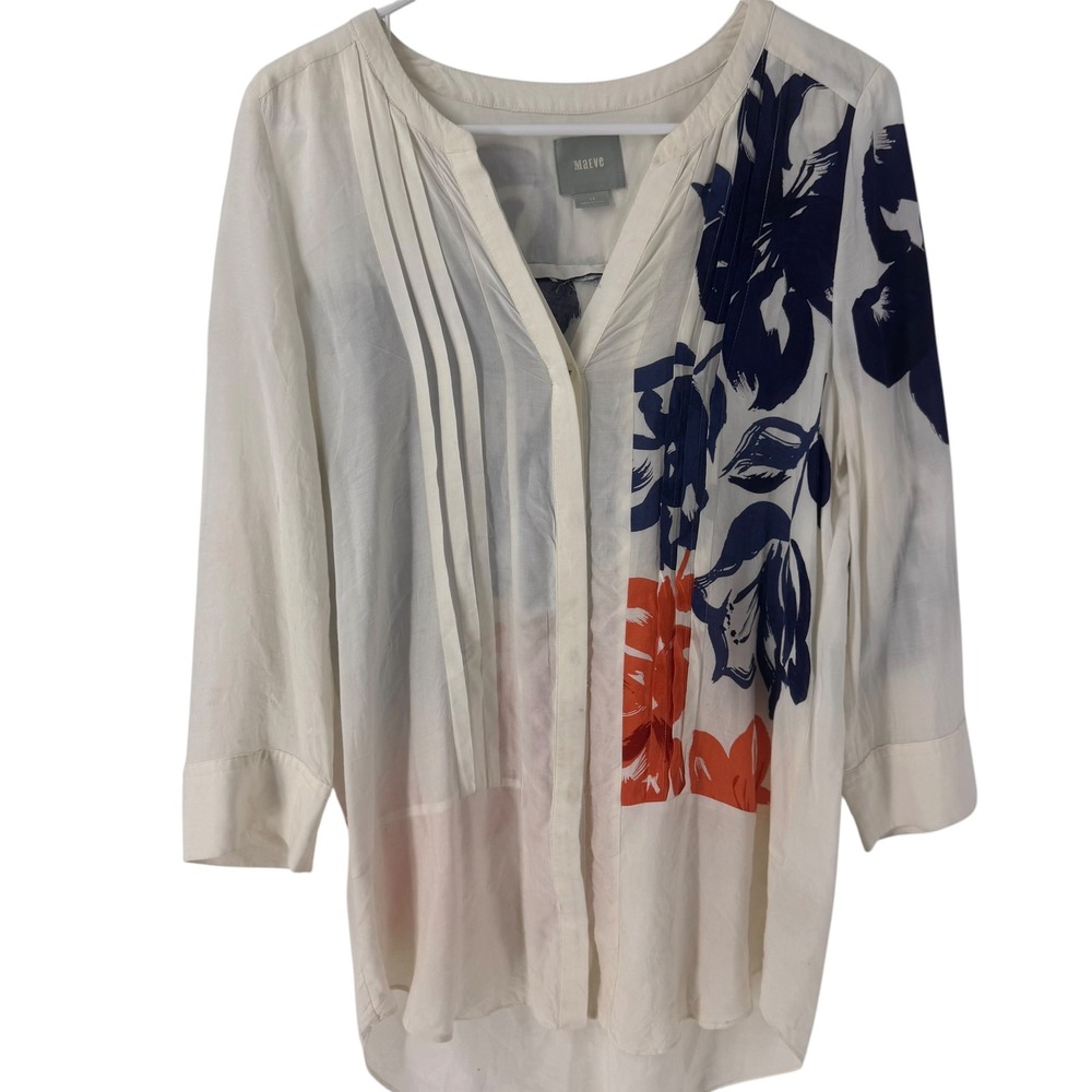 Maeve Anthropologie Womens Floral Pleated Split Neck 3/4 Sleeve Rayon Blouse 10 - Picture 4 of 9